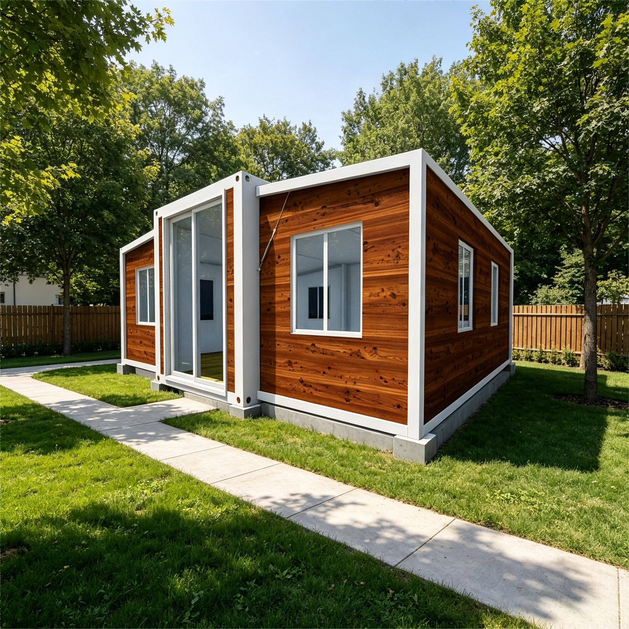 Luxury Wood Grain Prefab Tiny House With Porch Movable Glamping Container Cabin for Resort Homestay Camping