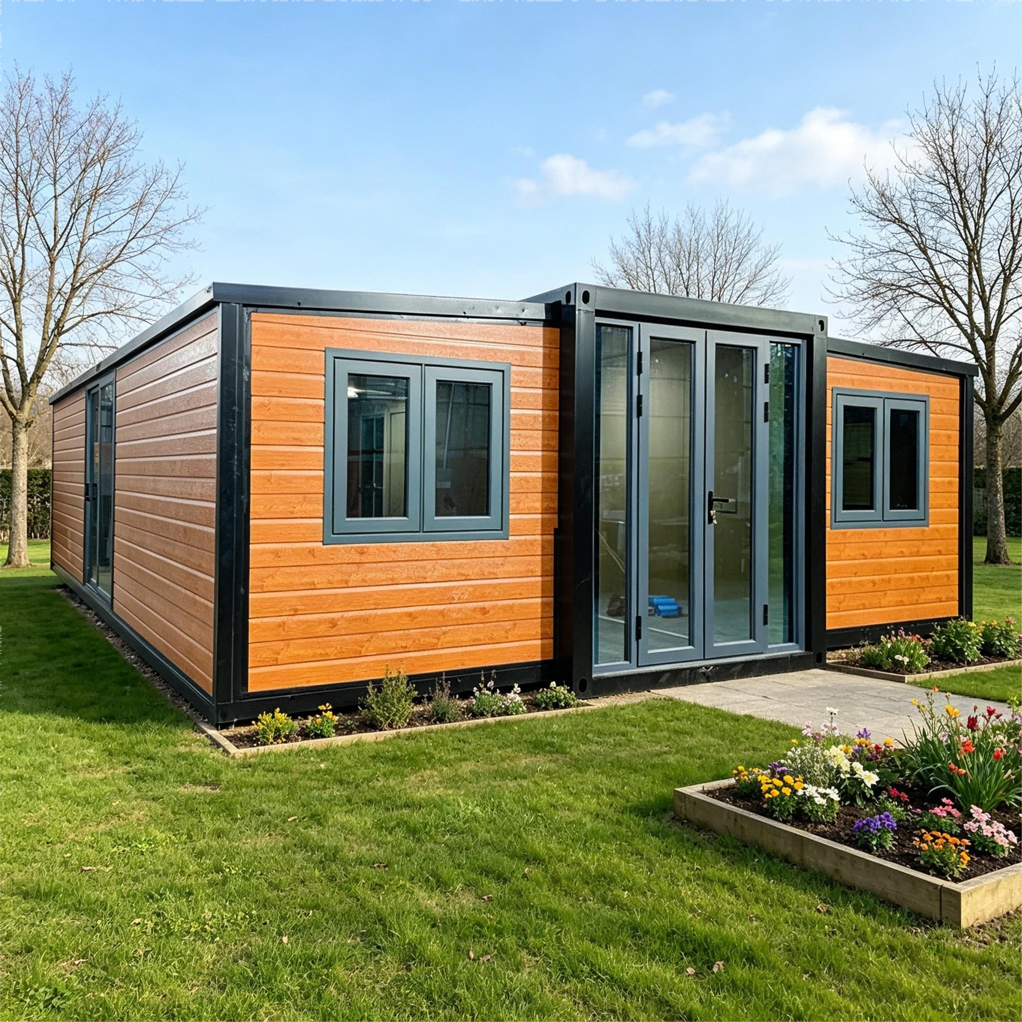 Luxury Wood Grain Prefab Tiny House With Porch Movable Glamping Container Cabin for Resort Homestay Camping