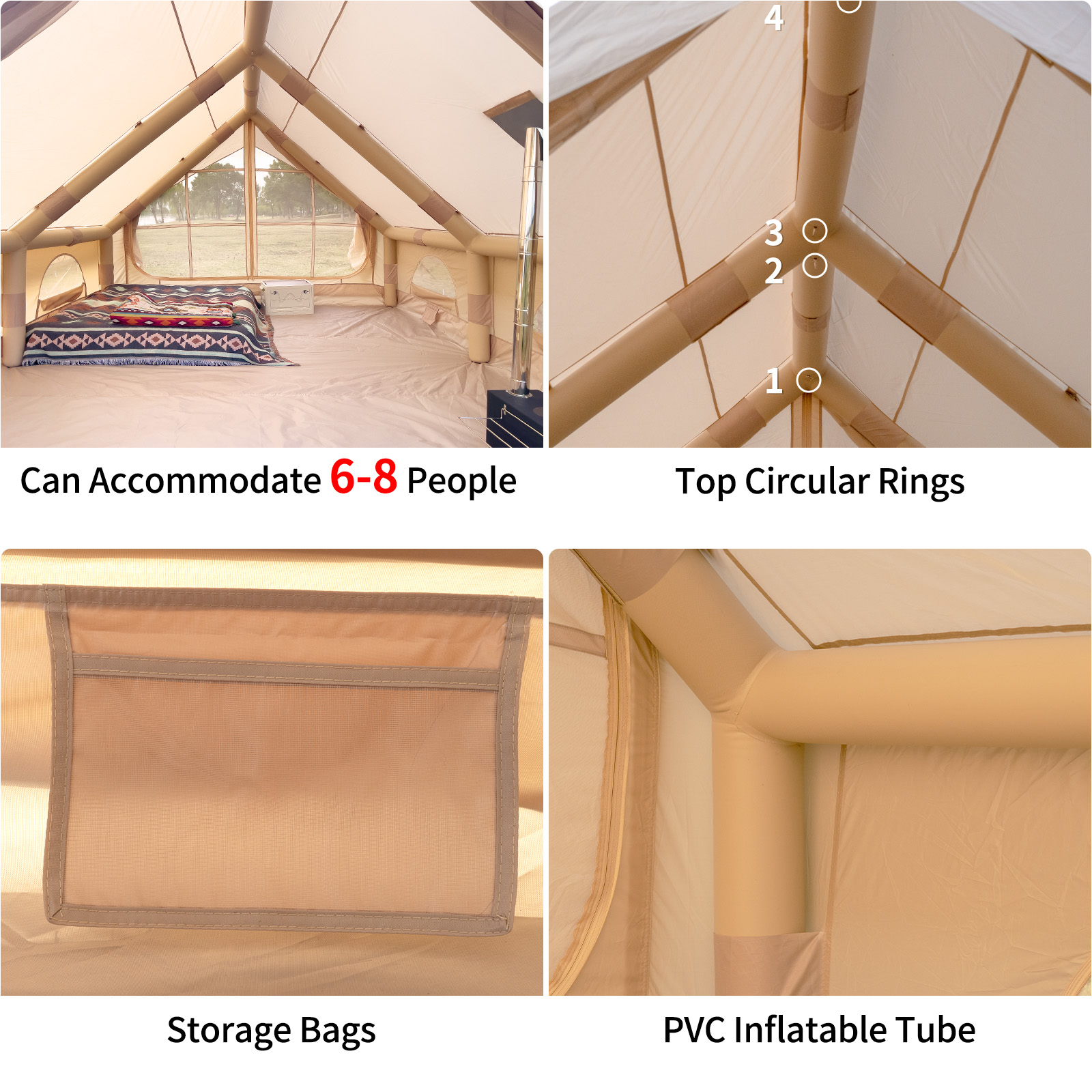 Ultra-Durable Oxford 12 SQM Inflatable Tent Double Side Door Windproof, Water-Resistant, Large Family Camping Tent