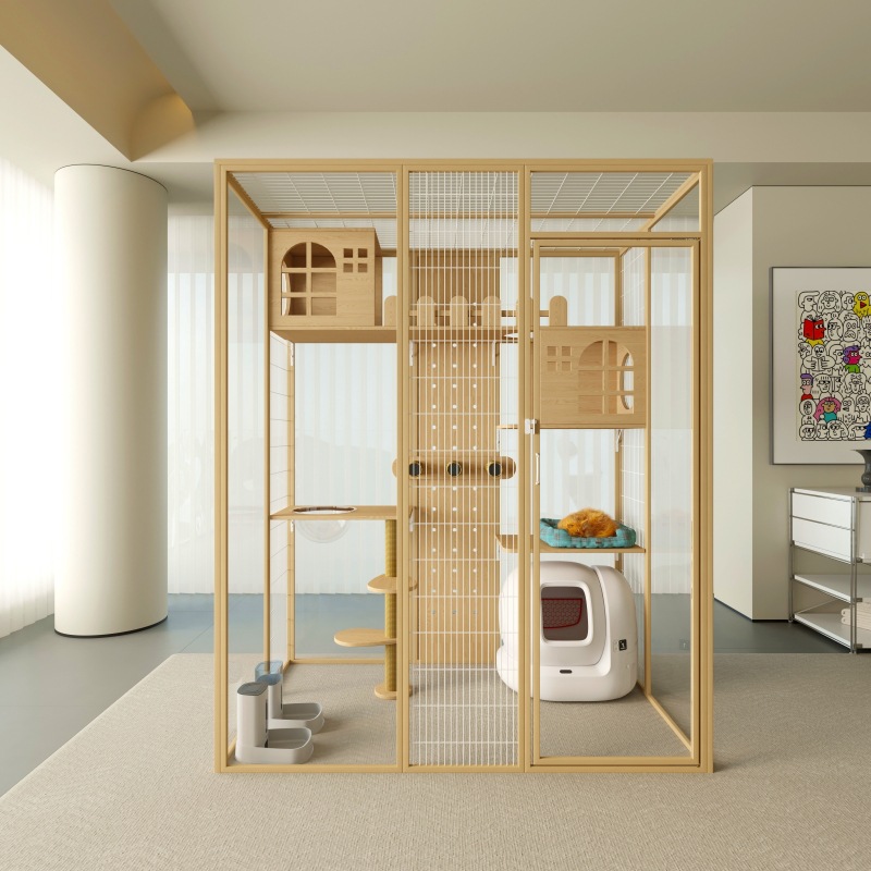 Customize Large Cat Cage &amp; Villa Luxury Glass Wood Cat House With Button Closure Full-View Indoor Cat Condo &amp; Kennel For Pets