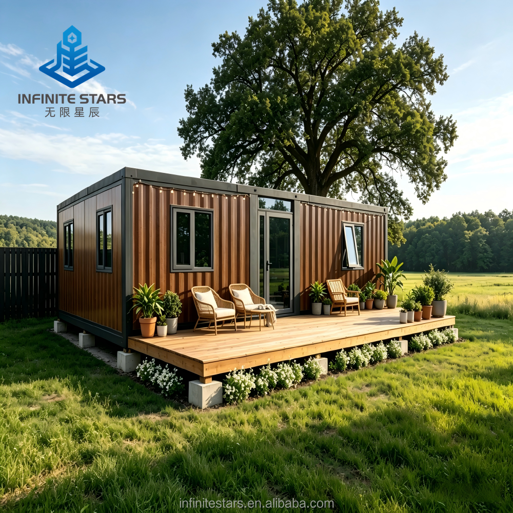Boutique Factory Wood Grain Expandable Container Villa Luxury Tiny Home Large Glass Door Outdoor Leisure Decking for Living Room