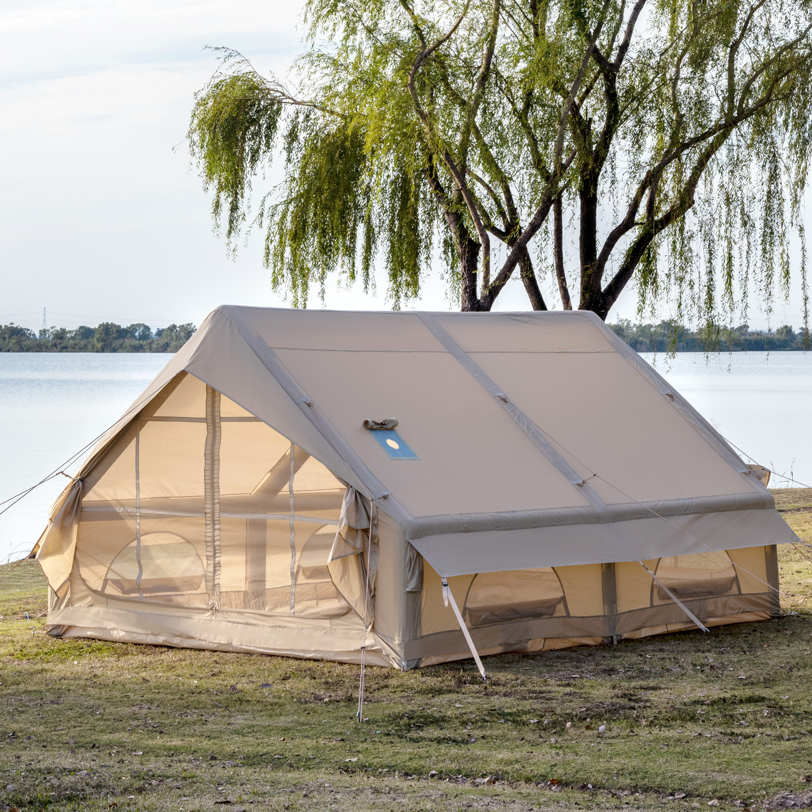 Ultra-Durable Oxford 12 SQM Inflatable Tent Double Side Door Windproof, Water-Resistant, Large Family Camping Tent