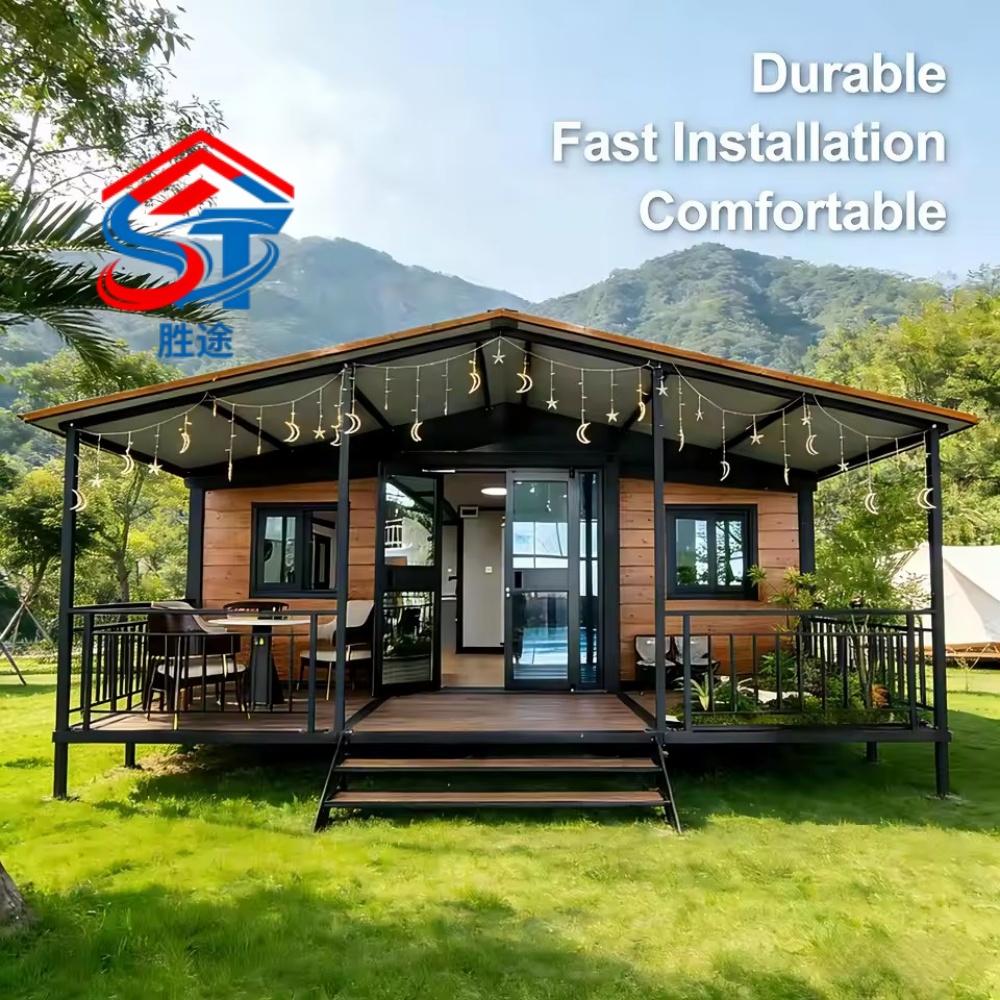 Wood Grain Prefab Cabin House With Sloped Roof Portable Modular Tiny Home for Forest Resort Garden Studio Outdoor Living