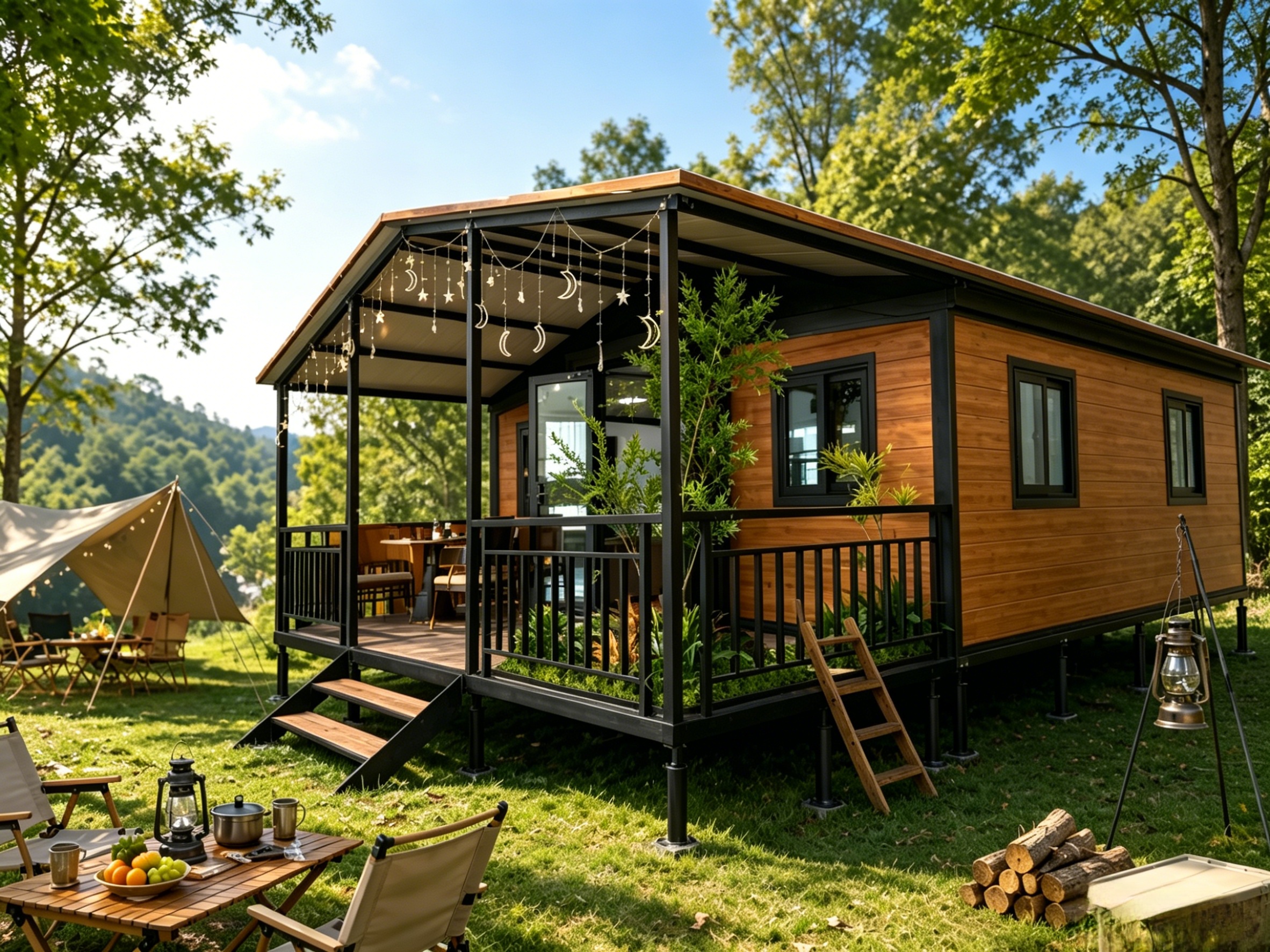 Luxury Wood Grain Prefab Tiny House With Porch Movable Glamping Container Cabin for Resort Homestay Camping