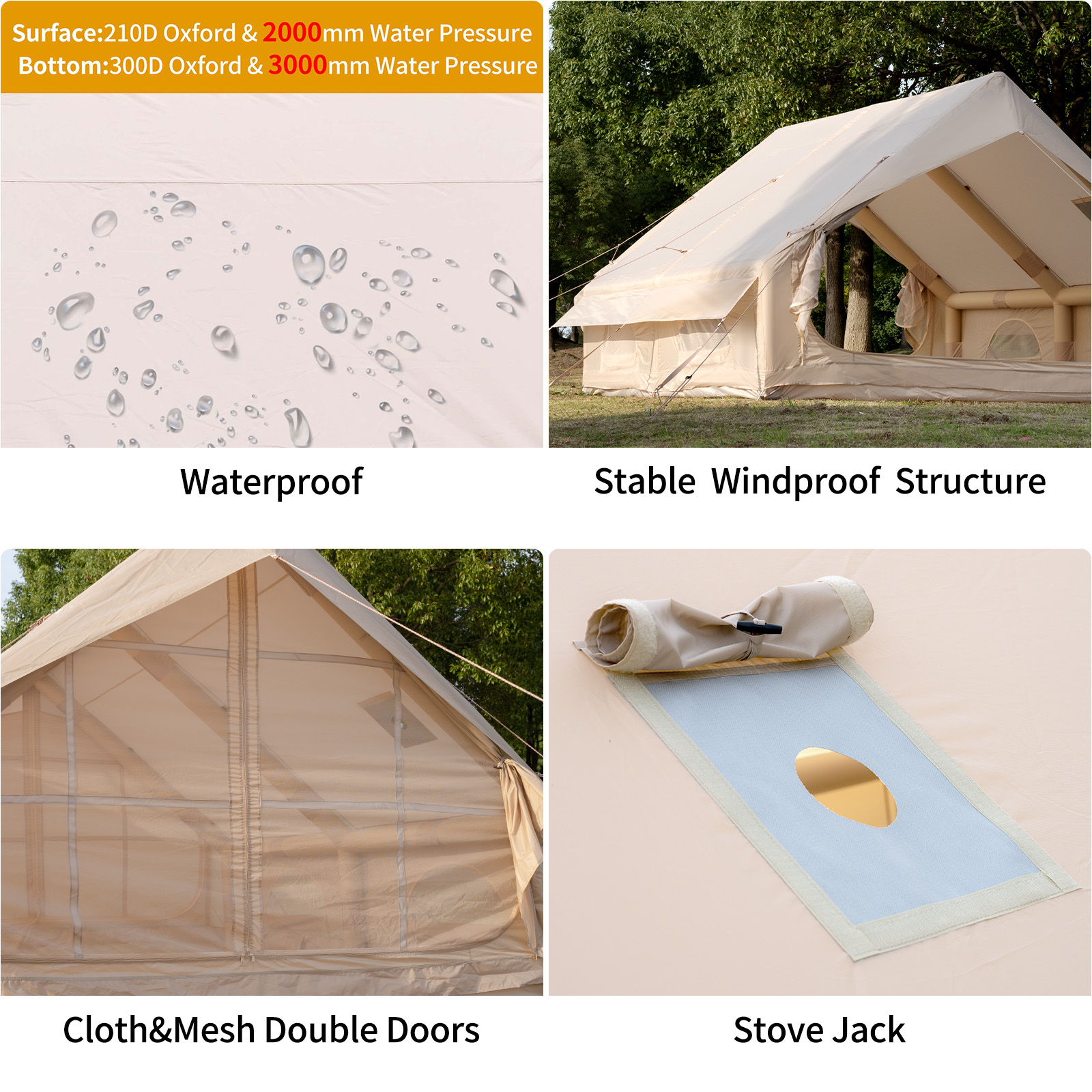 Ultra-Durable Oxford 12 SQM Inflatable Tent Double Side Door Windproof, Water-Resistant, Large Family Camping Tent