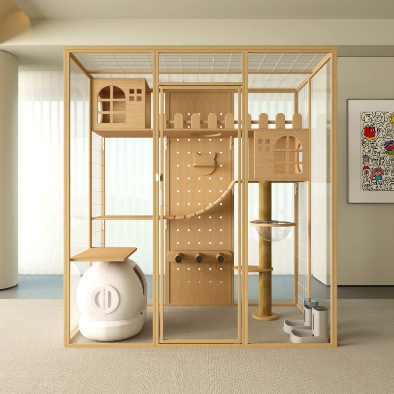 Customize Large Cat Cage &amp; Villa Luxury Glass Wood Cat House With Button Closure Full-View Indoor Cat Condo &amp; Kennel For Pets