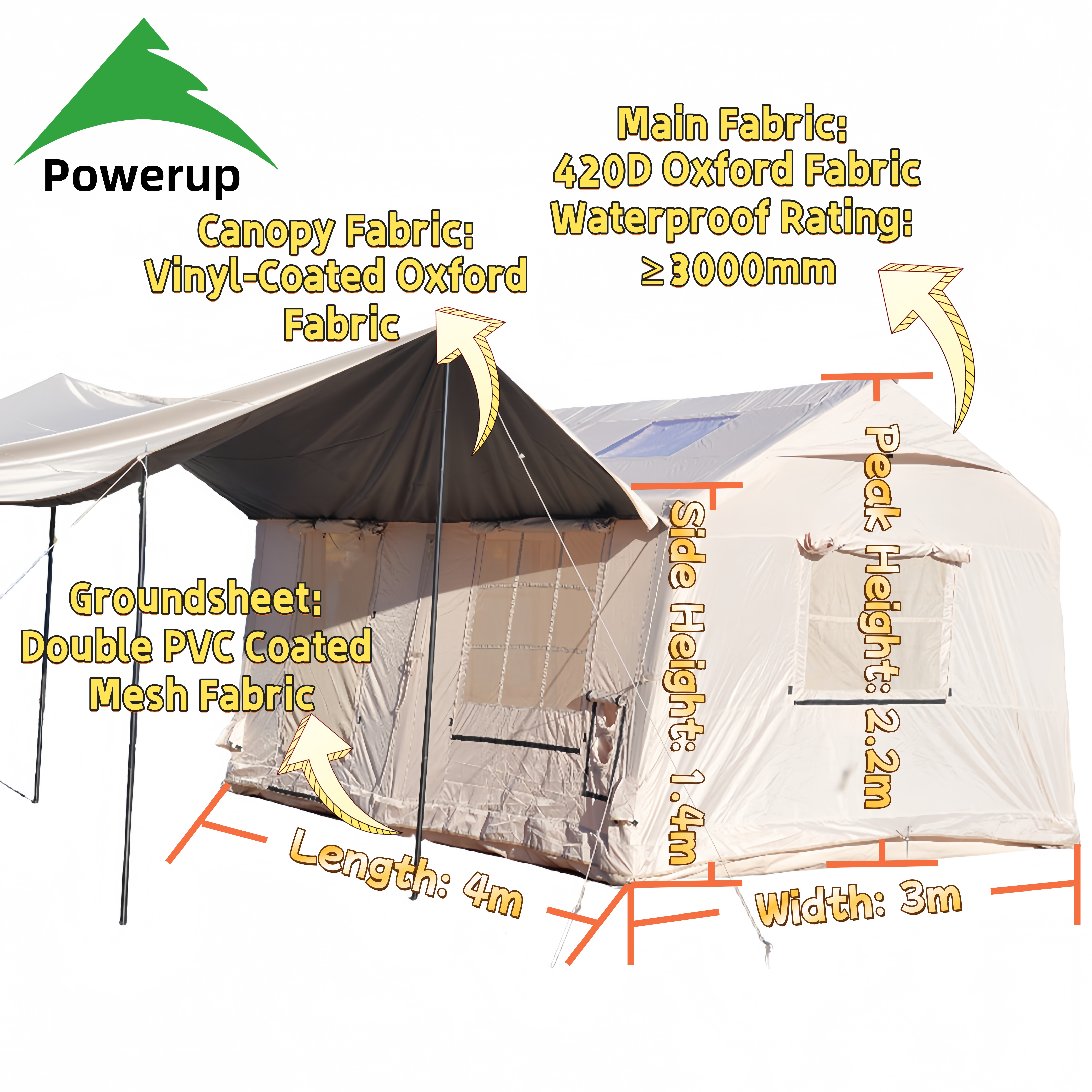 12 Sqm Large Inflatable 420D Oxford Fabric Tent Outdoor Glamping House Two-Bedroom One-Living Room Design