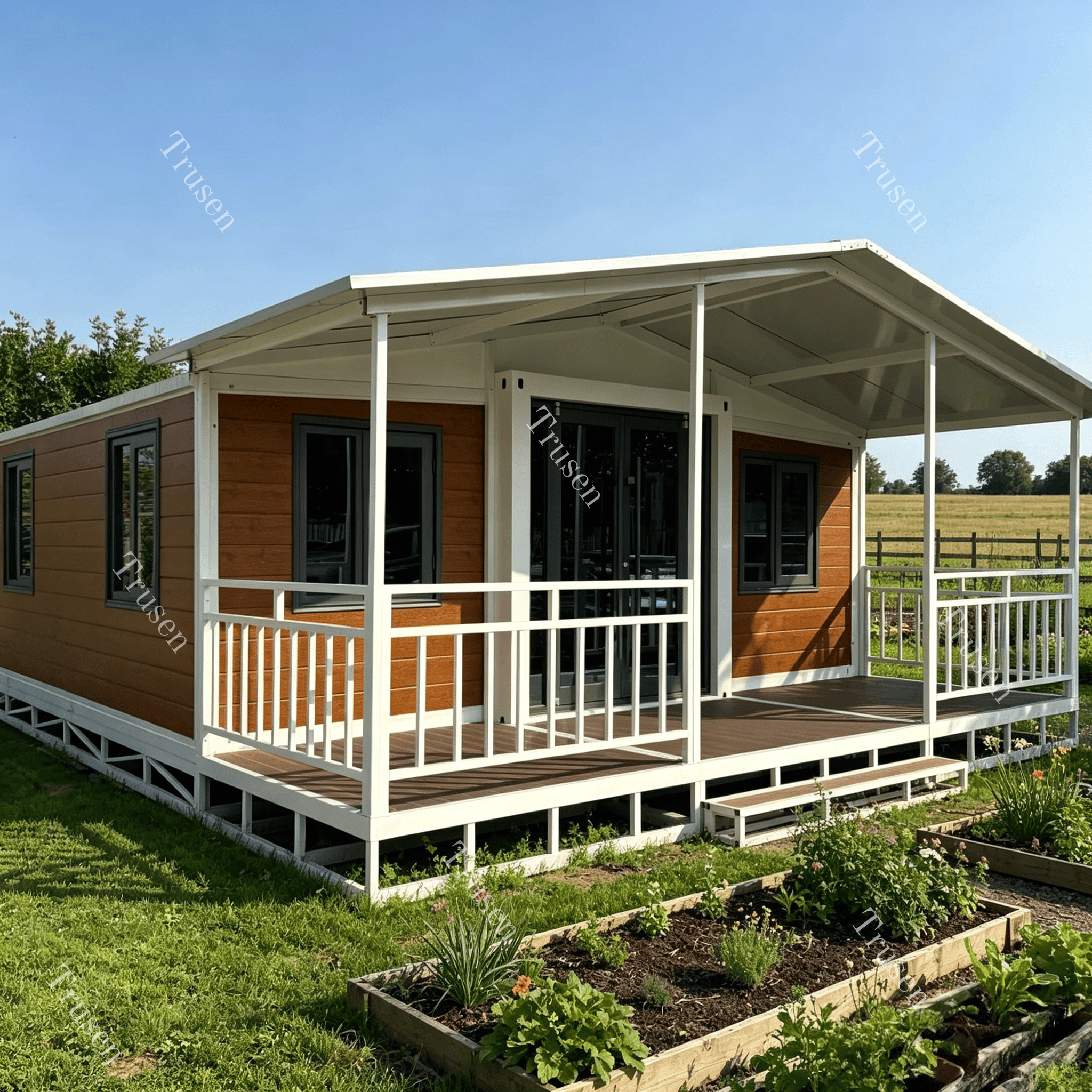 Australian Standards Full Rainproof Terrace Roof Container Apartment Prefab Expandable House Granny Flats With White Guardrail