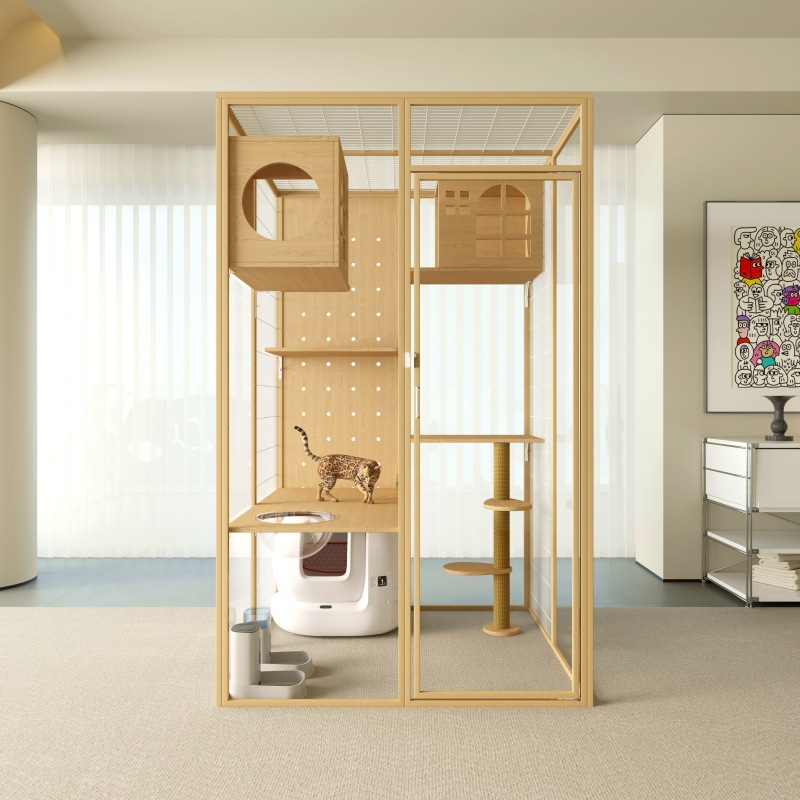 Customize Large Cat Cage &amp; Villa Luxury Glass Wood Cat House With Button Closure Full-View Indoor Cat Condo &amp; Kennel For Pets