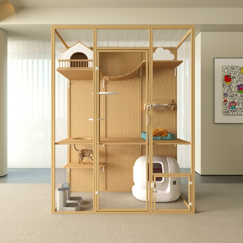 Customize Large Cat Cage &amp; Villa Luxury Glass Wood Cat House With Button Closure Full-View Indoor Cat Condo &amp; Kennel For Pets