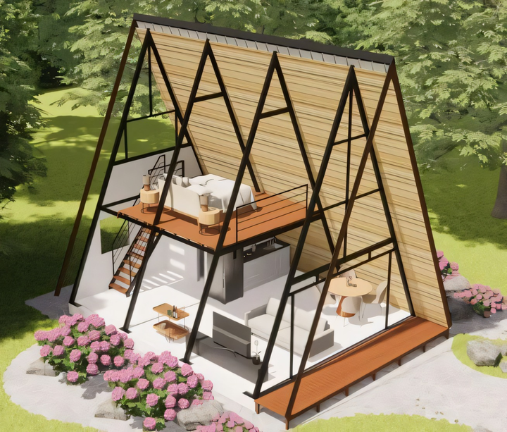Luxury Modern A-Frame Low-Rise Villa: Insulated, Modular, Prefabricated Tiny Triangular House for Apartments or Prefab Cabins