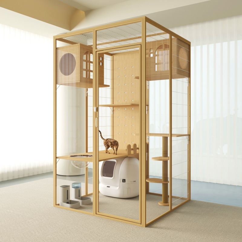 Customize Large Cat Cage &amp; Villa Luxury Glass Wood Cat House With Button Closure Full-View Indoor Cat Condo &amp; Kennel For Pets