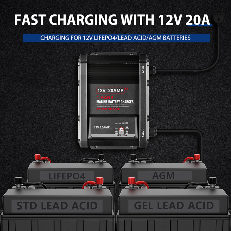 CE Certified Marine Charger 12V 20A, IP67 Waterproof for Lithium Batteries