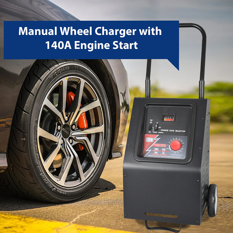 Heavy Duty Wheeled Battery Charger 55A 140A Jump Starter 12V - 2-in-1 Emergency Booster with Timer for Car/Truck/SUV/Marine Batteries