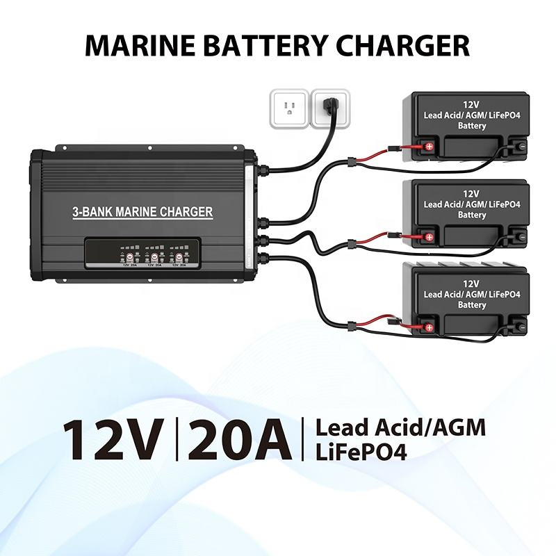 3-Bank 60A Smart Marine Battery Charger Waterproof 12V Onboard Boat Charger Flooded AGM LiFePO4 Lithium Batteries Charging