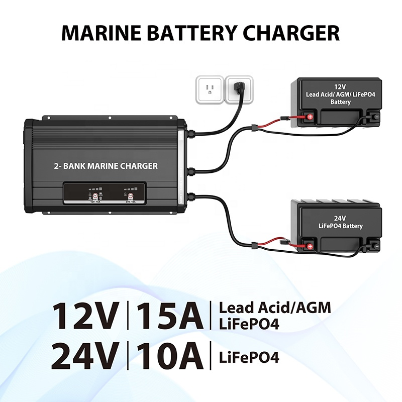 Marine Battery Charger: 12V15A &amp; 24V10A, on-Board, Lead-Acid/Lithium/LiFePO4, Waterproof IP67