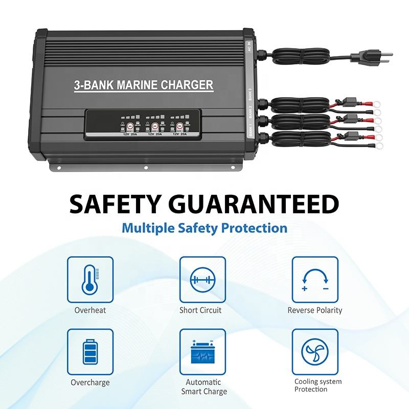 3-Bank 60A Smart Marine Battery Charger Waterproof 12V Onboard Boat Charger Flooded AGM LiFePO4 Lithium Batteries Charging