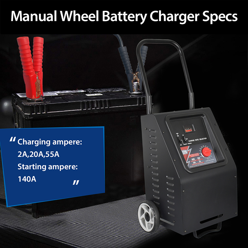 Heavy Duty Wheeled Battery Charger 55A 140A Jump Starter 12V - 2-in-1 Emergency Booster with Timer for Car/Truck/SUV/Marine Batteries