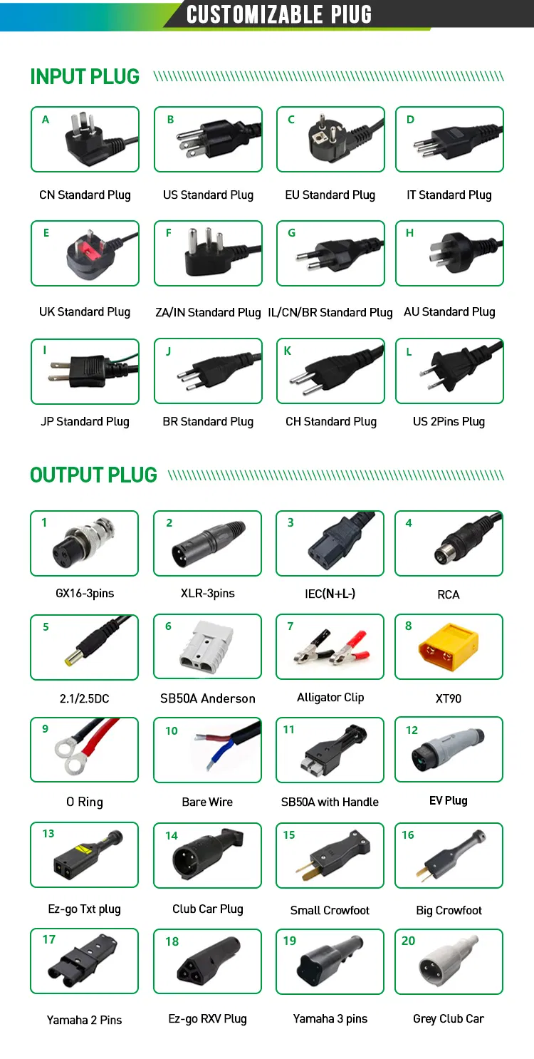 12V/24V/36V/48V/52V/60V/72V Premium Smart Charger Compatible with Ebike, Electric Scooter, Electric Forklift Lithium Ion LiFePO4 Energy Cells Battery Charger