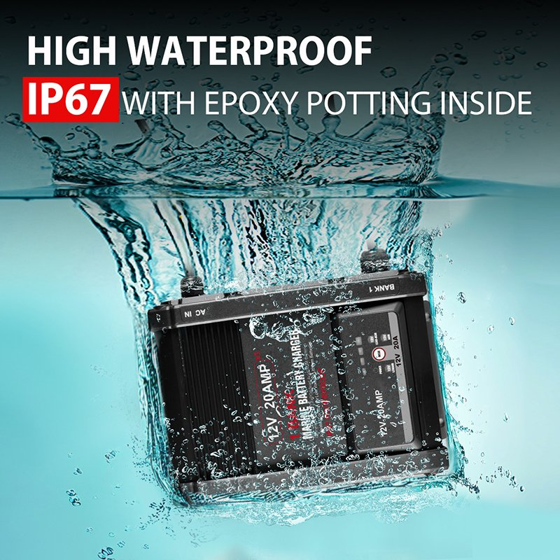 CE Certified Marine Charger 12V 20A, IP67 Waterproof for Lithium Batteries