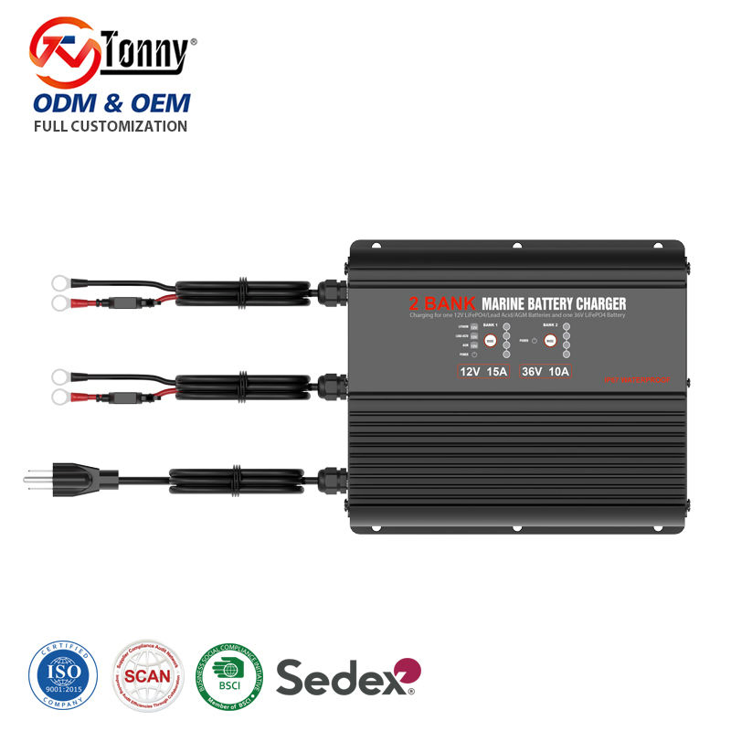Dual Bank 12V/24V/36V 15A Waterproof Marine Battery Charger for AGM Lifep04 RV Boat for RV Boat Use