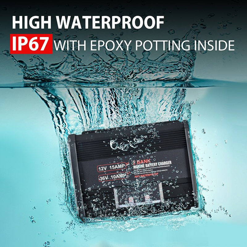 Lithium Marine Battery Charger Waterproof 2-Bank 12V/15A 36V/10A on-Board for AGM Lead-Acid Fishing Boat
