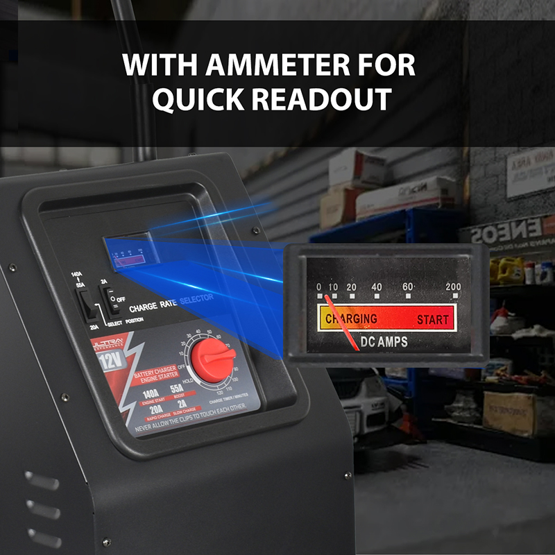 Heavy Duty Wheeled Battery Charger 55A 140A Jump Starter 12V - 2-in-1 Emergency Booster with Timer for Car/Truck/SUV/Marine Batteries