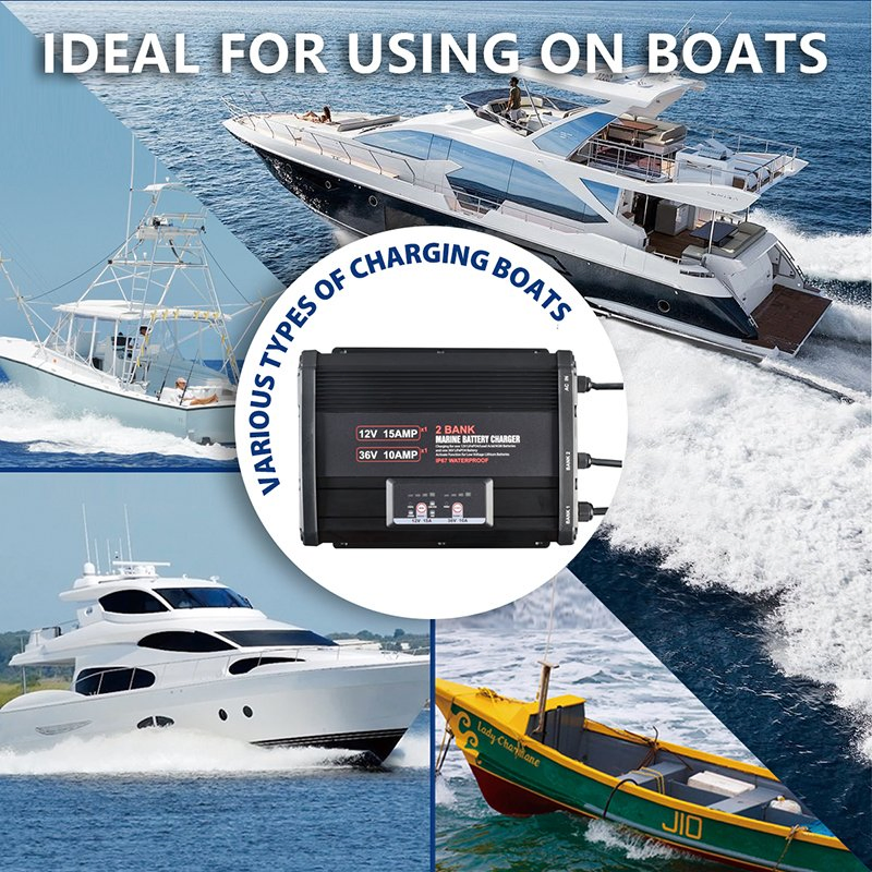 Lithium Marine Battery Charger Waterproof 2-Bank 12V/15A 36V/10A on-Board for AGM Lead-Acid Fishing Boat