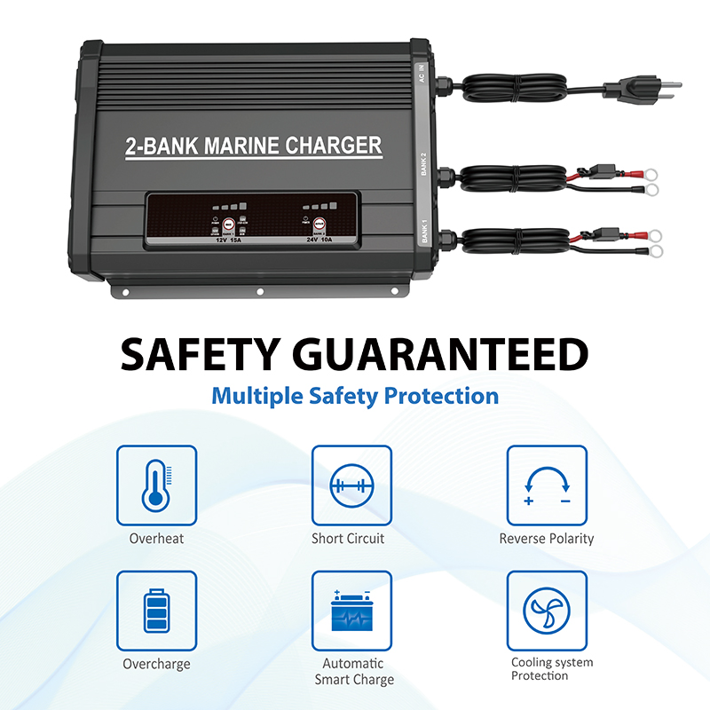 Marine Battery Charger: 12V15A &amp; 24V10A, on-Board, Lead-Acid/Lithium/LiFePO4, Waterproof IP67