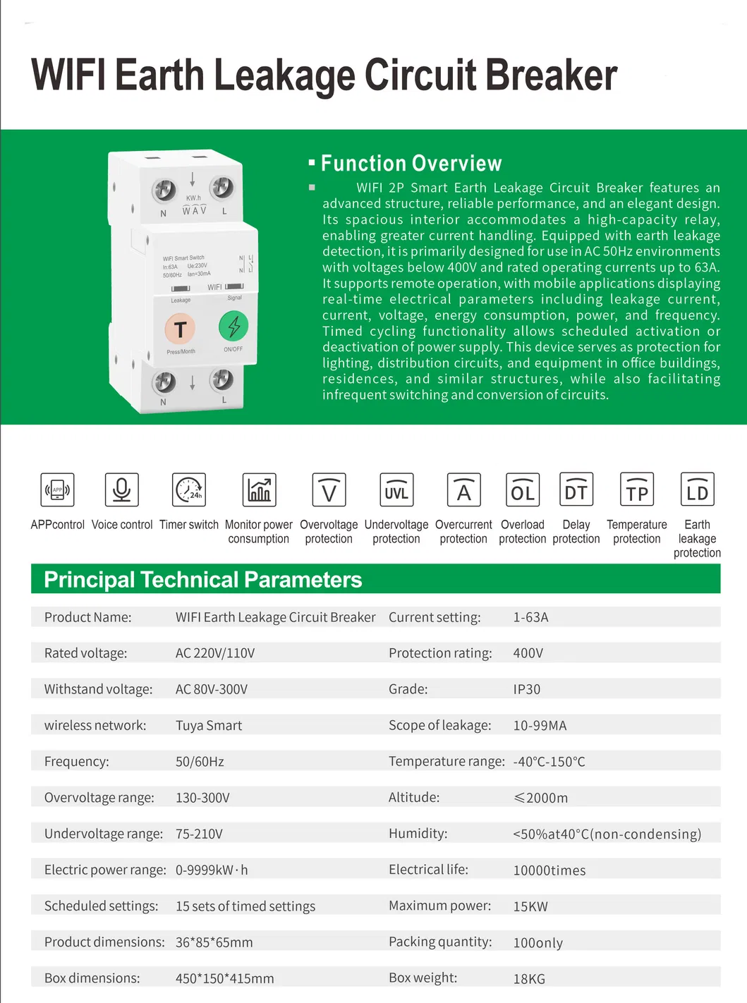 Disjuntor WiFi Inteligente 1p 1-63A Tuya MCB com Medidor de Energia para Uso Doméstico 230V 6ka Capacidade de Interrupção