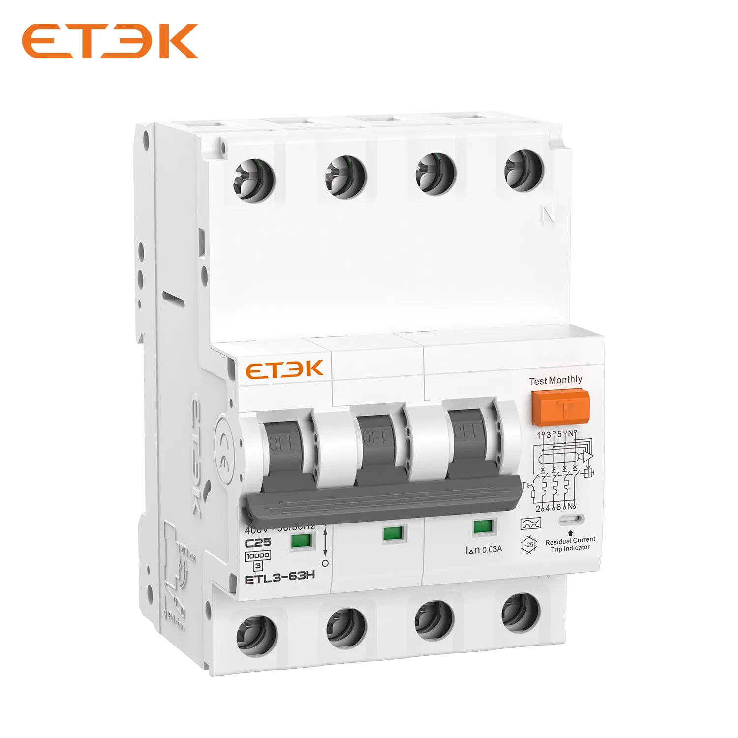Etek 63 AMP 400V Tomadas Elétricas e Eletrônicas Três Posições Dispositivo de Corrente Residual AC Mini MCB RCBO Interruptor Miniatura Inteligente