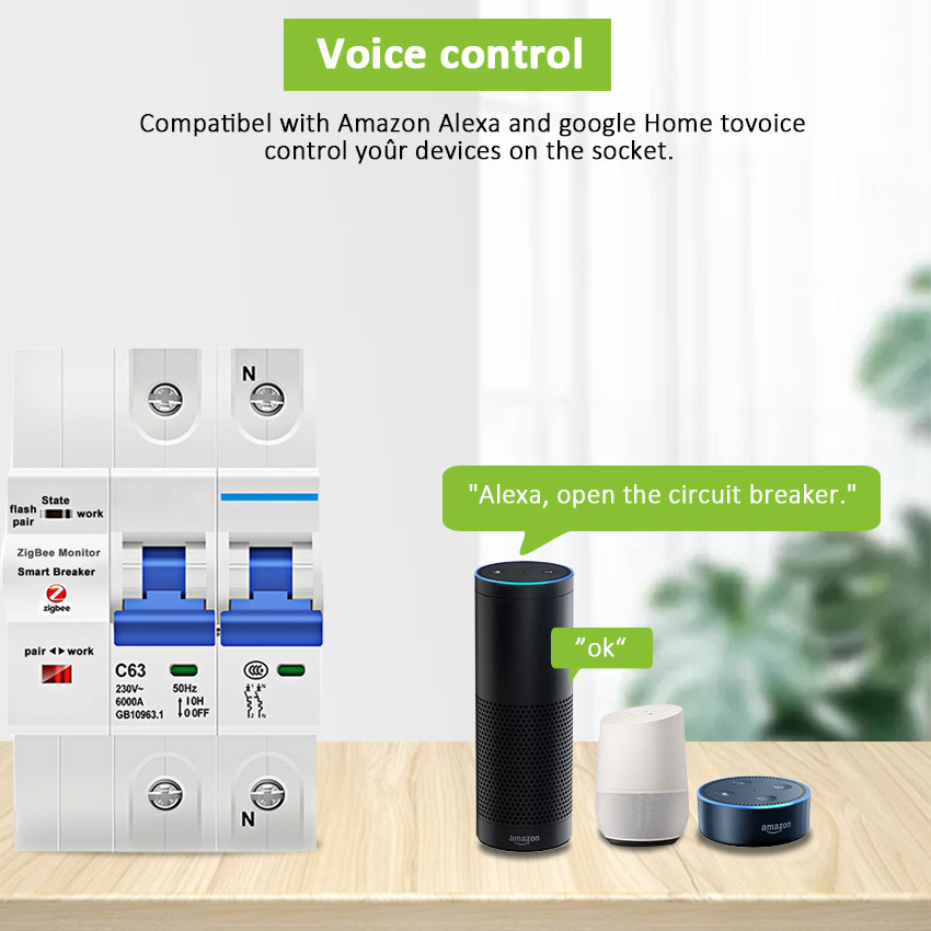 Controle Remoto Sem Fio Zigbee Tuya para Disjuntor de Circuito de Ar Elétrico de Fase Única Ajustável 10-63A com Medidor de Energia
