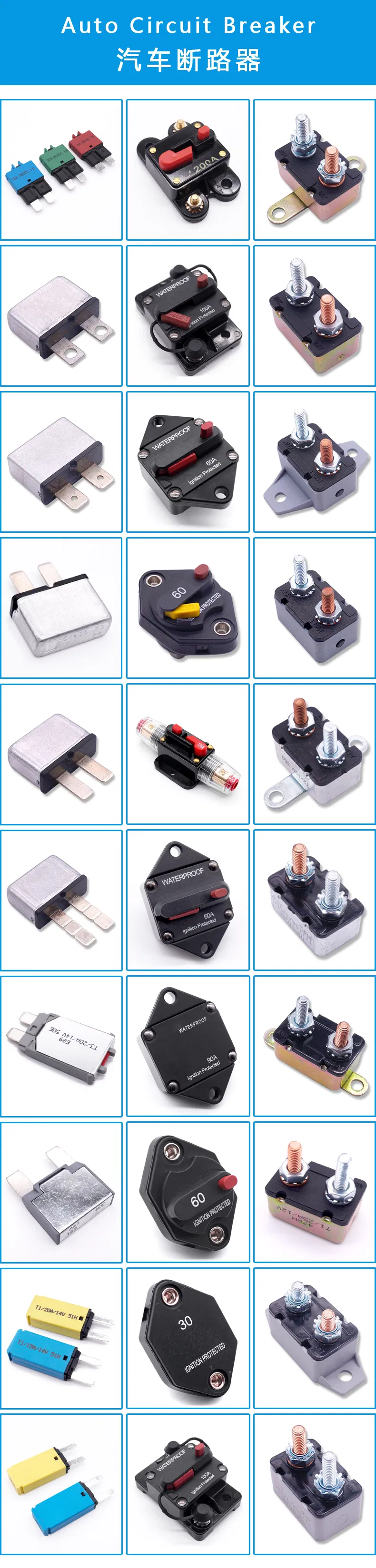 Tipo de Plugue Fusível de Redefinição Manual Disjuntor 12V 24V Disjuntor de Lâmina de Redefinição Automática Disjuntor Miniatura para Carro Disjuntor Automotivo Pressione para Redefinir