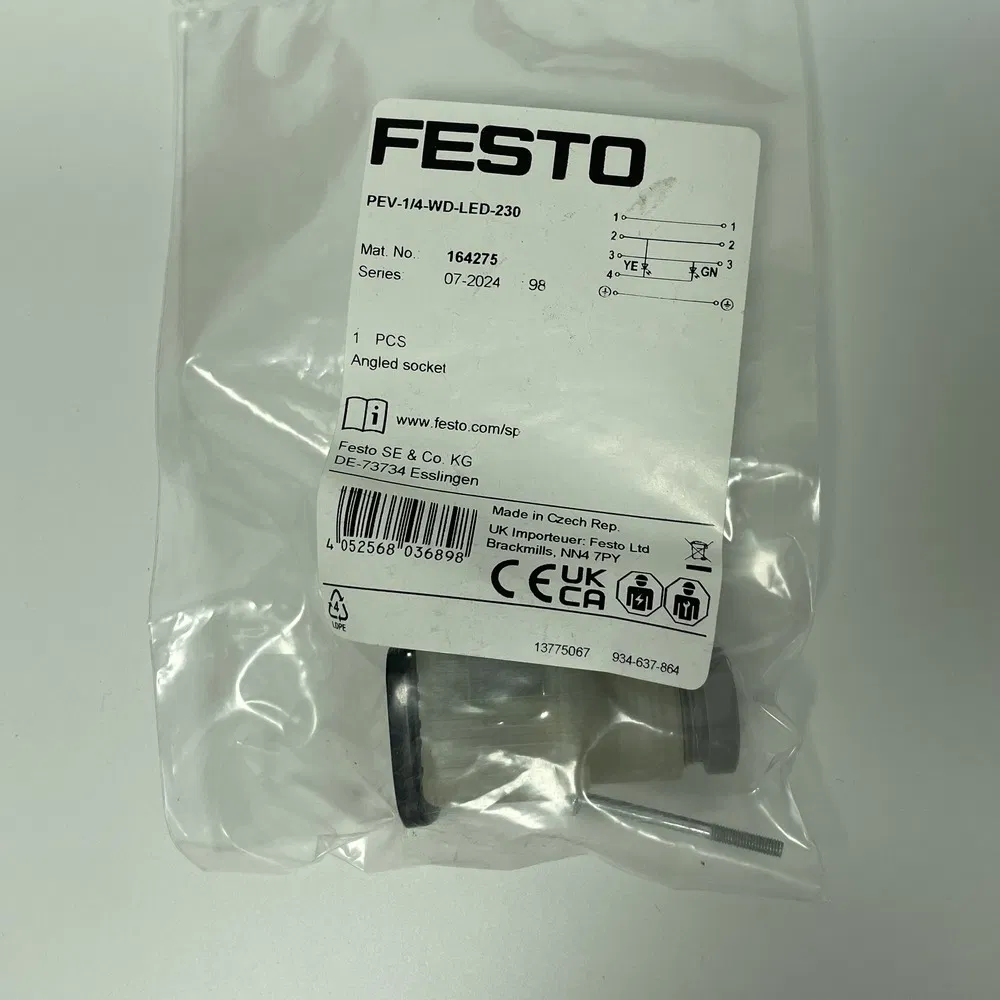 PEV-1/4-WD-LED-230 Tomada de Plugue Angulada para Automação Industrial 164275, Parte do Sistema de Ar Comprimido para FESTO