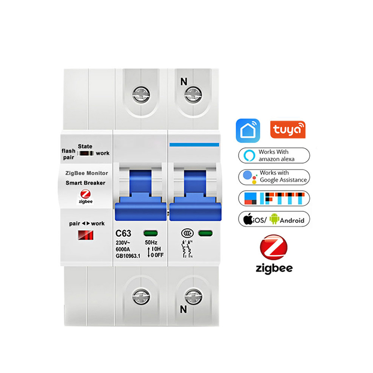 Controle Remoto Sem Fio Zigbee Tuya para Disjuntor de Circuito de Ar Elétrico de Fase Única Ajustável 10-63A com Medidor de Energia