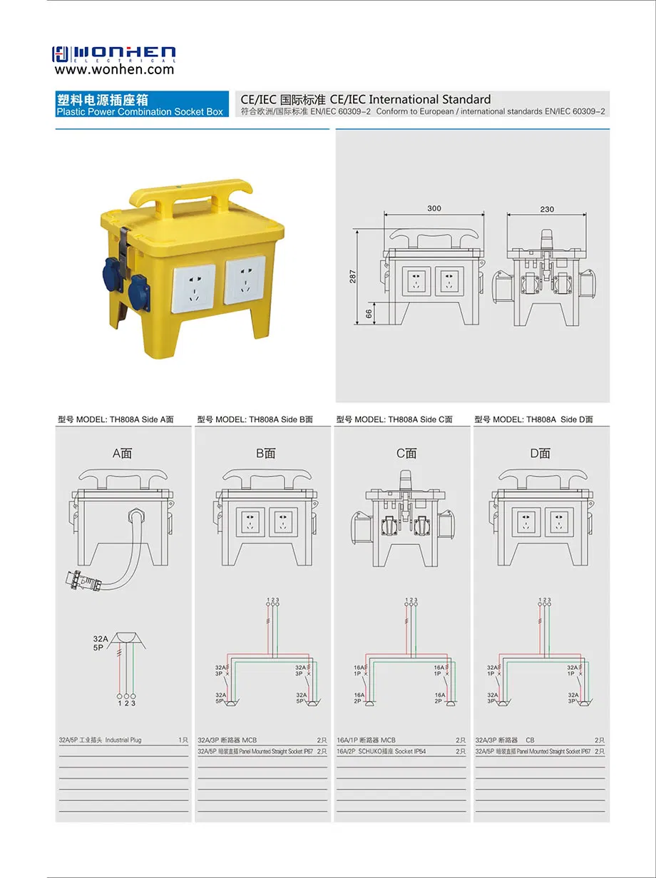 Caixa de Distribuição de Energia com Tomadas Industriais, IP67 IP44 Painel de Distribuição de Energia Europeu