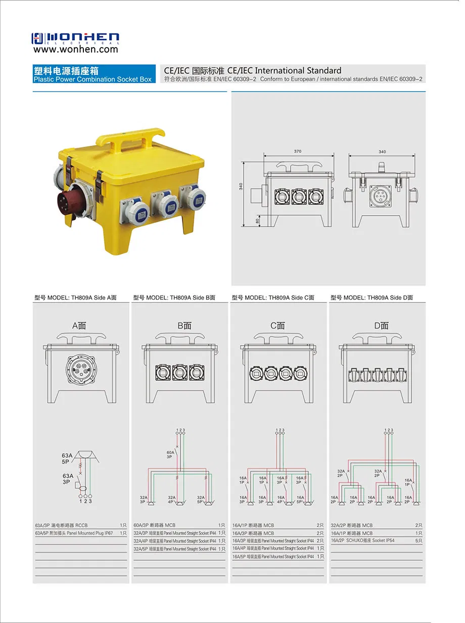 Caixa de Distribuição de Energia com Tomadas Industriais, IP67 IP44 Painel de Distribuição de Energia Europeu