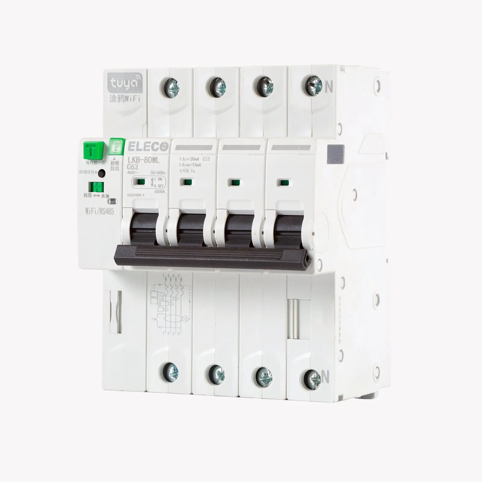 Compatível com Tuya Smart Life 4p 32A-80A Disjuntor RCCB Wi-Fi Disjuntor Inteligente de Circuito de Vazamento de Terra