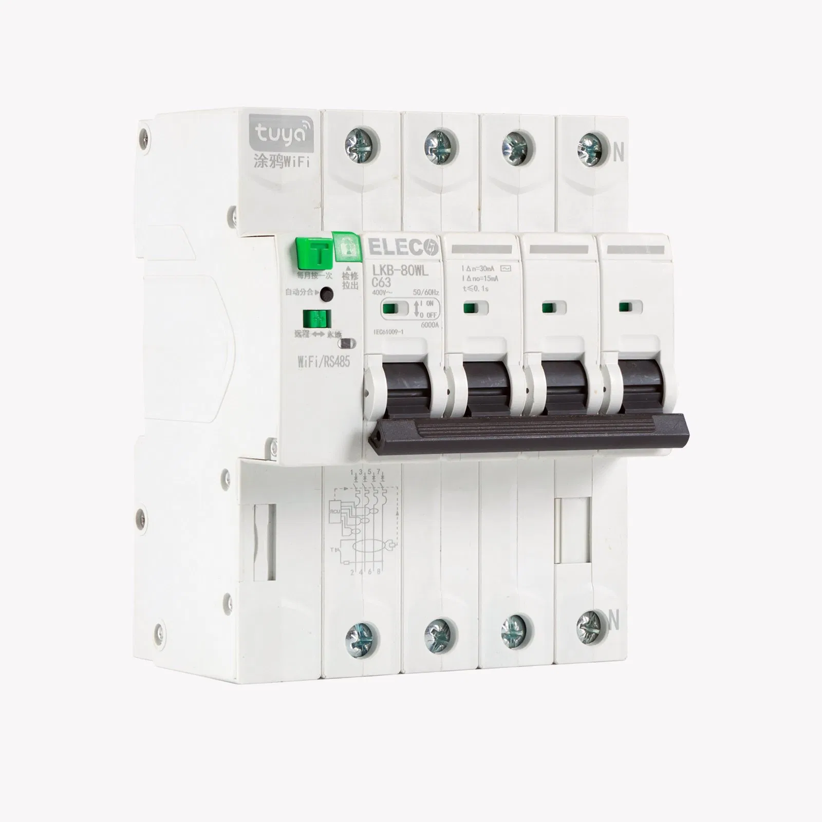 Compatível com Tuya Smart Life 4p 32A-80A Disjuntor RCCB Wi-Fi Disjuntor Inteligente de Circuito de Vazamento de Terra