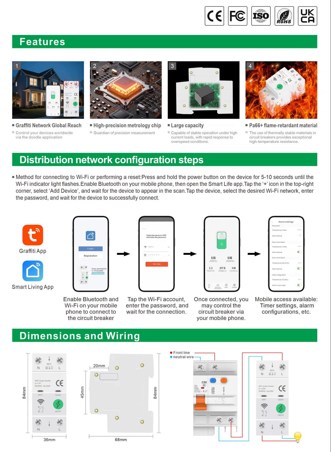 Disjuntor Miniatura WiFi Inteligente Tuya Monitoramento de Kwh Proteção contra Subtensão com Medidor e Relé de Temporizador Verde