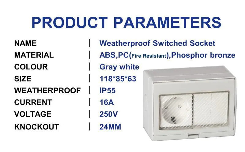 IP55 Tomada de parede à prova d'água com interruptor Schuko europeu 16A