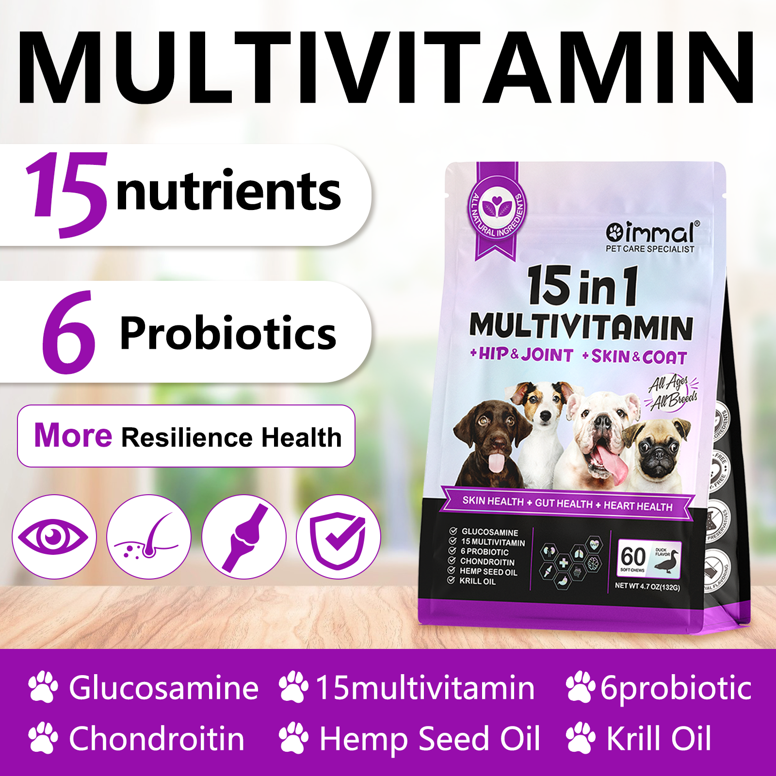 Wholesale Pet Food Herb 6 Probiotics Gut Health Chewable 60 Soft Chews 15 in 1 Multivitamins for Dog Skin Care and Heart Health