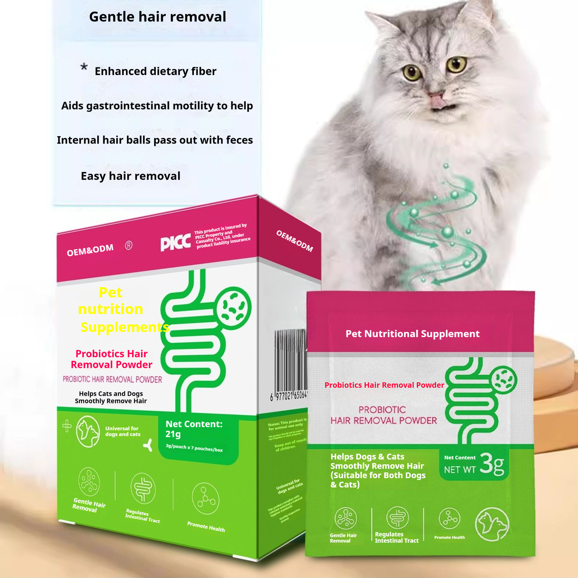 Pet Probiotic Hairball Relief Powder Cat Dog Digestive Health Supplement Natural Hair Removal Aid Intestinal Regulation