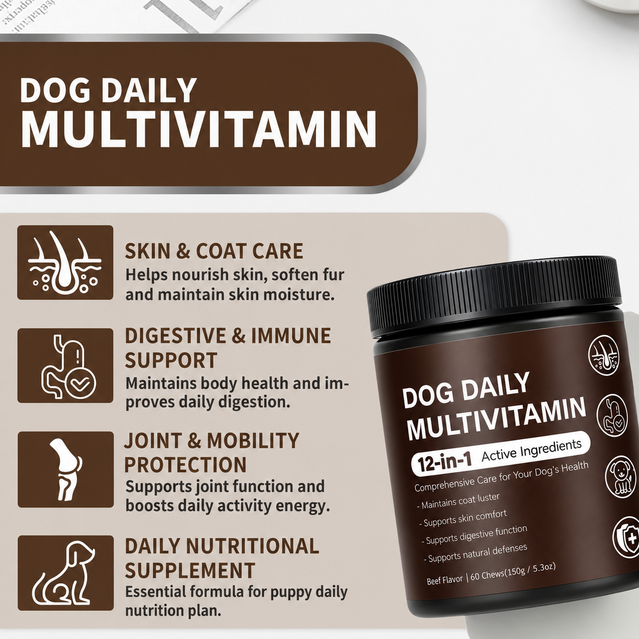 Omega-3 12-in-1 Active Ingredients Dog Multivitamin Soft Chews Pet Food Health Care Supplements for Skin &amp; Coat