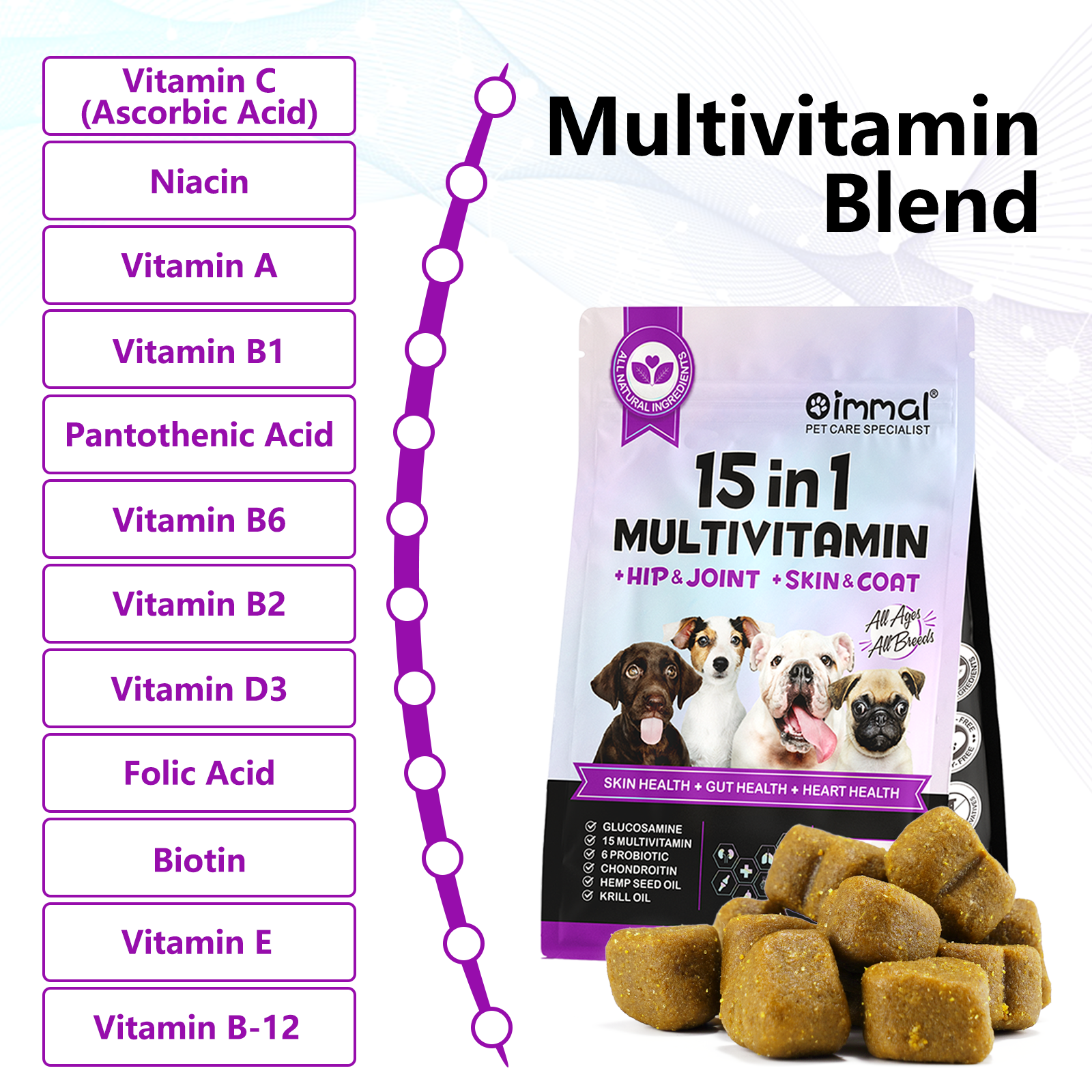 Wholesale Pet Food Herb 6 Probiotics Gut Health Chewable 60 Soft Chews 15 in 1 Multivitamins for Dog Skin Care and Heart Health