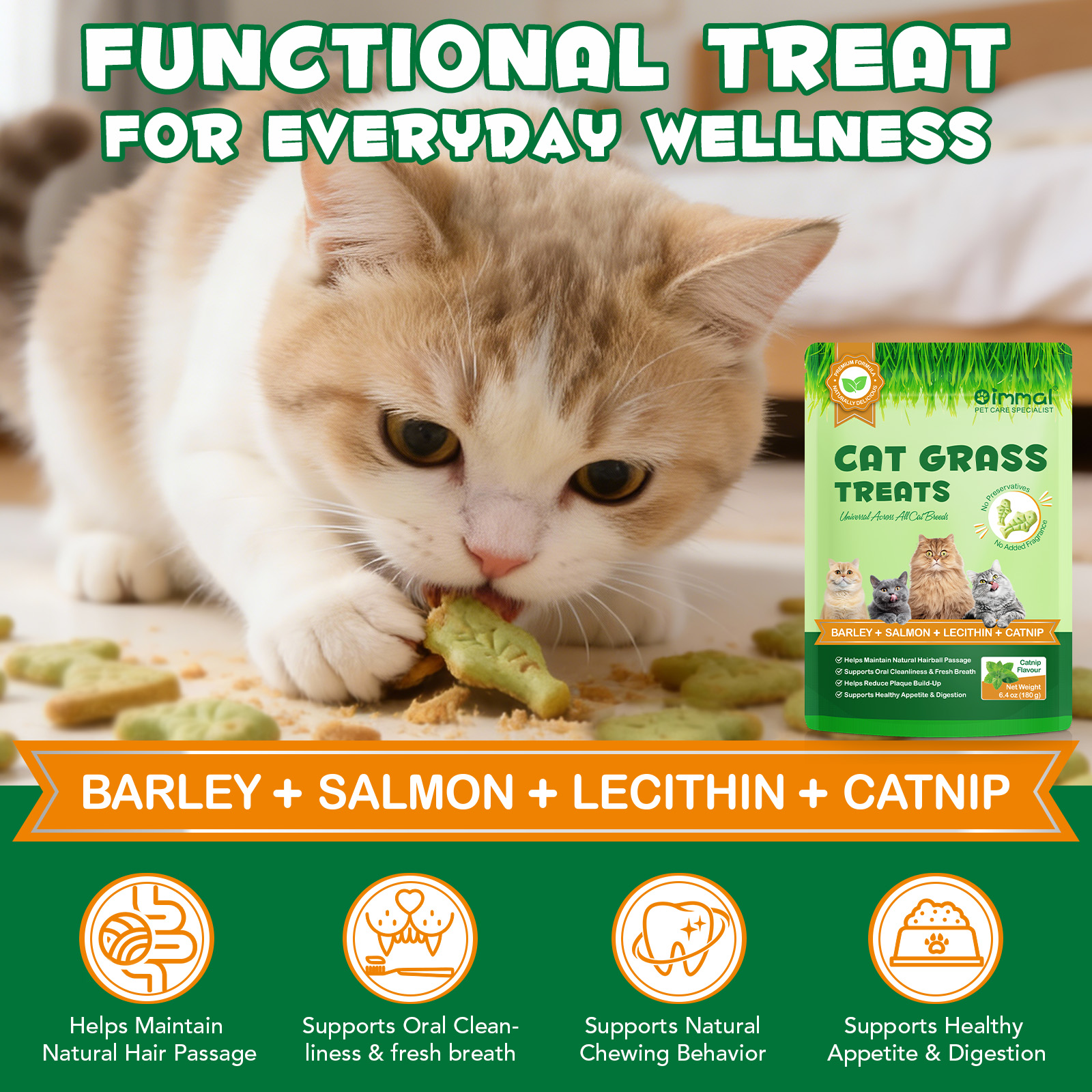 Oimmal 180g Catnip Cat Grass Treats Organic Salmon Mini Cat Food Snack Biscuits for Dental Care Hairball Control