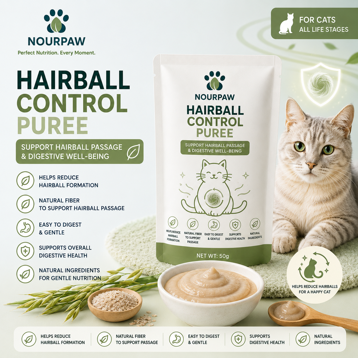 NOURPAW Hairball Control Puree Cat Treat Digestive Support Natural Fiber Cat Puree OEM ODM