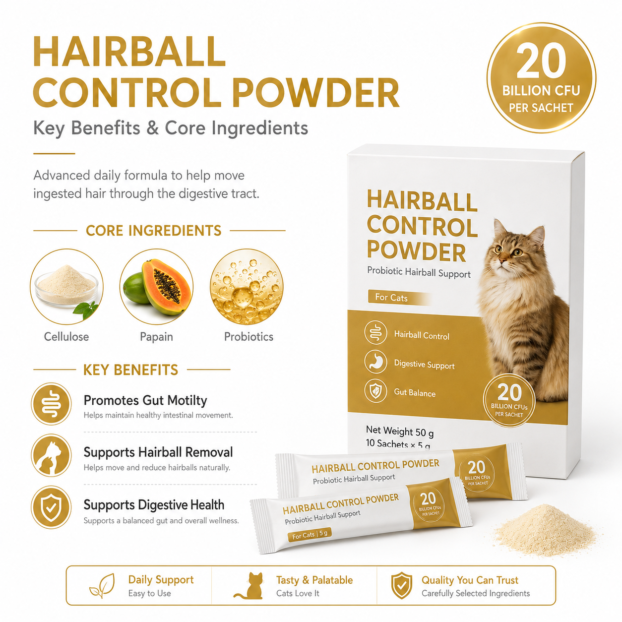 Natural Papain Enzyme Hairball Control Powder for Cats Private Label Digestive Tract Health Support Wholesale Cat Supplement