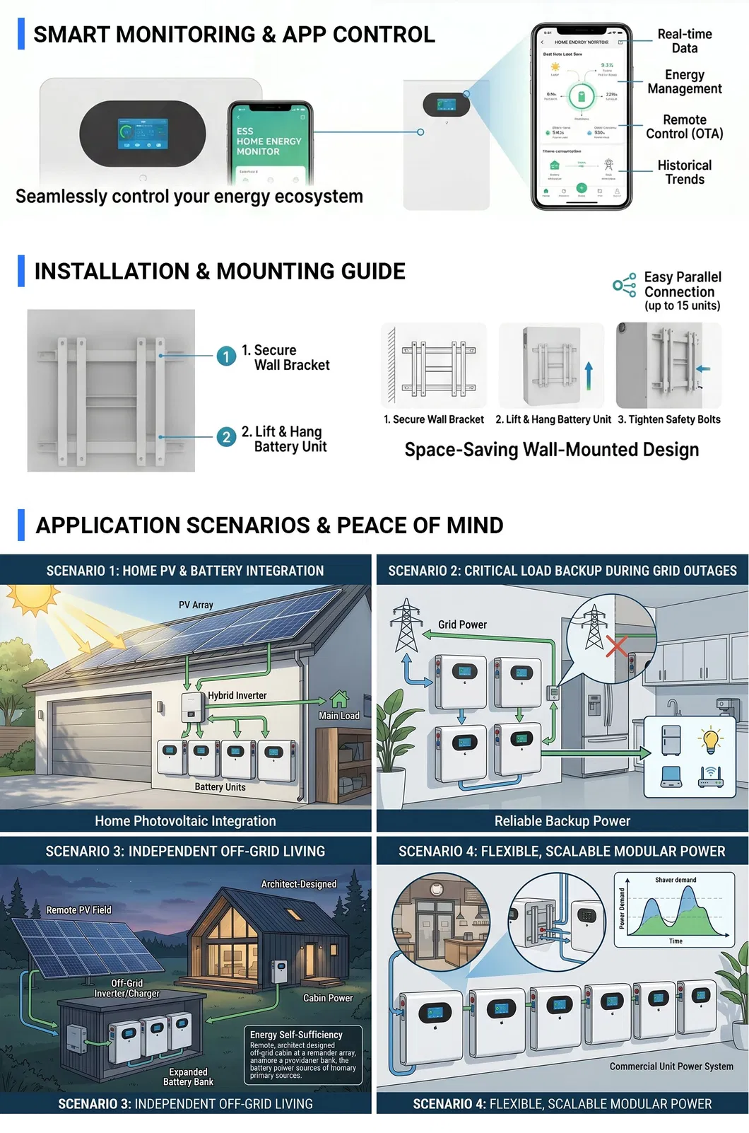Batería Montada en Pared 25.6V 200ah 5.12kwh LiFePO4