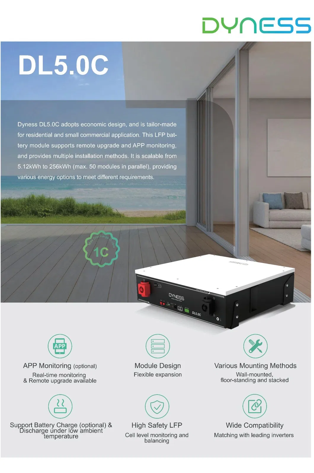 Marca Dyness Dl5.0c Baja Tensión LiFePO4 Batería Solar para Sistema de Energía en el Hogar 51.2V 100ah Montada en la Pared 5kwh Precio de Baterías de Litio